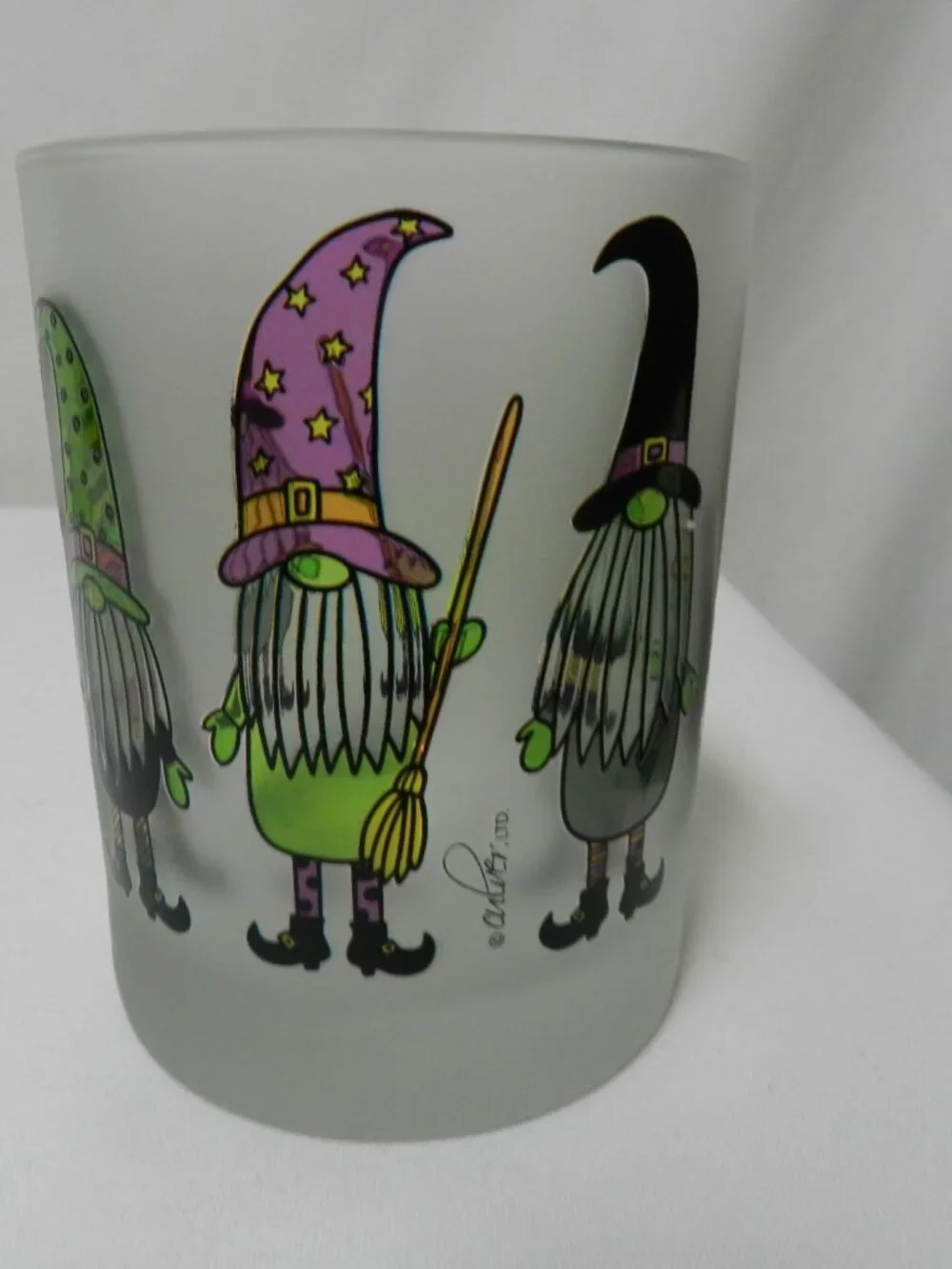 Culver Double Old Fashioned Gnomes Witches Halloween Frosted Glass Set 2 NEW